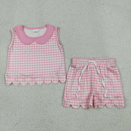 Pink plaid top matching shorts girls summer outfit