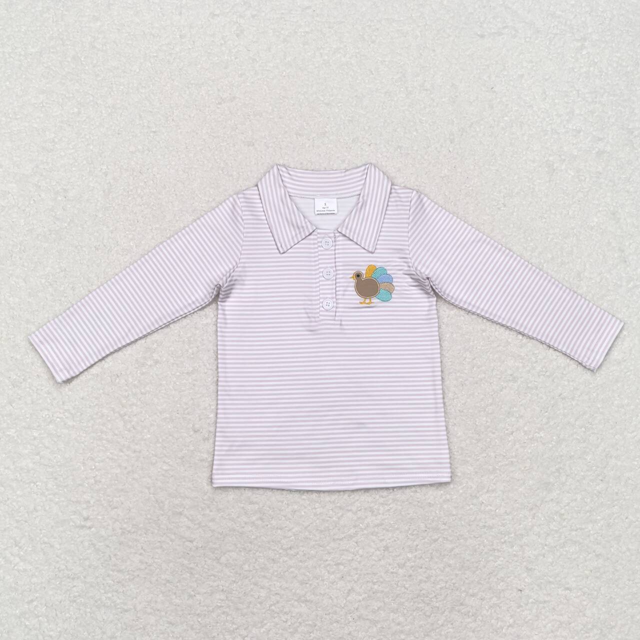 baby boy khaki stripes embroidery thanksgiving turkey long sleeve polo shirt