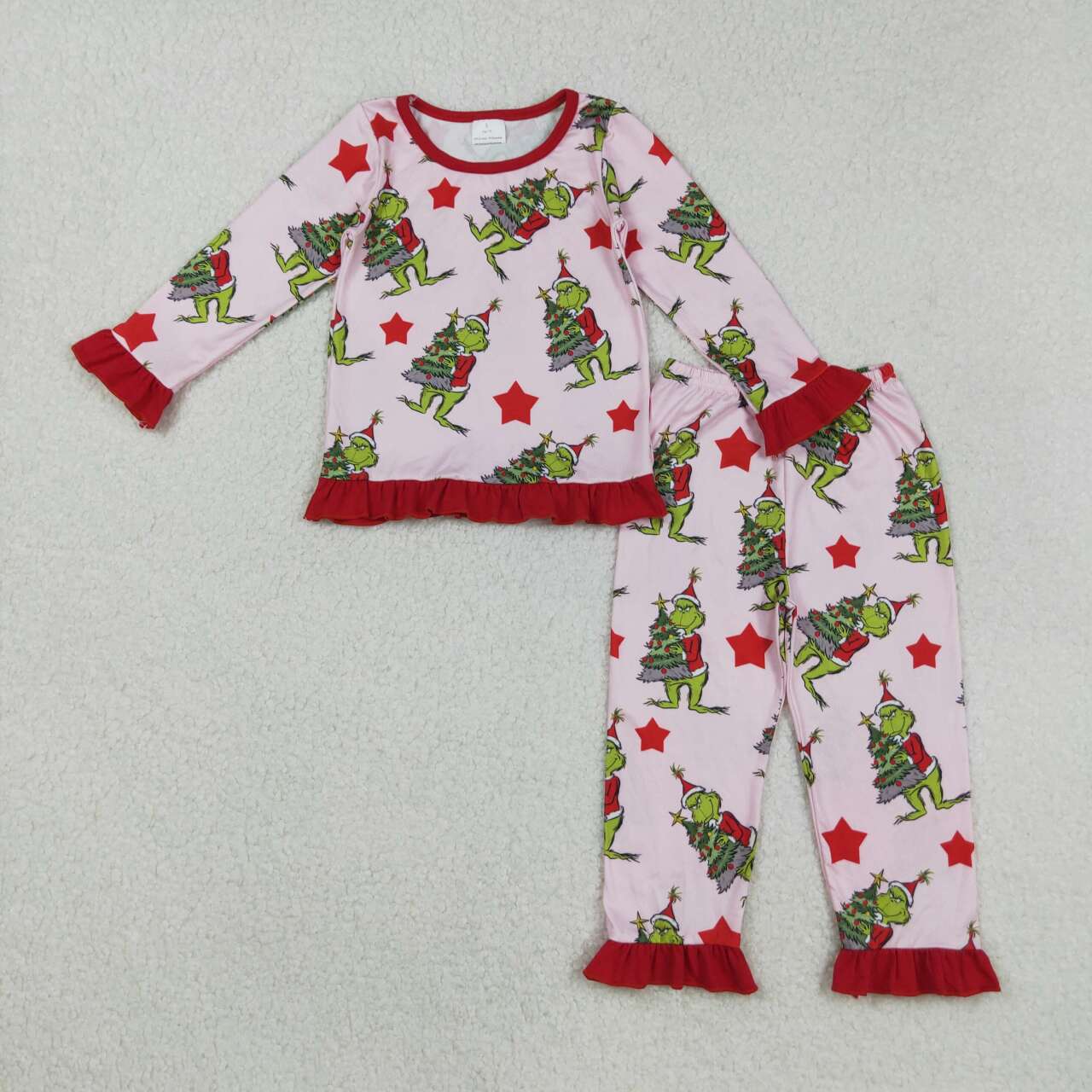 Christmas tree green face kids long sleeve matching pajama set