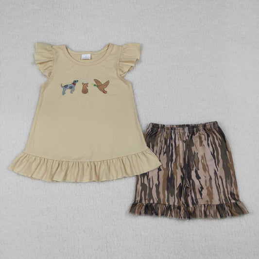 Dog duck deer embroidery top matching shorts girls summer outfit