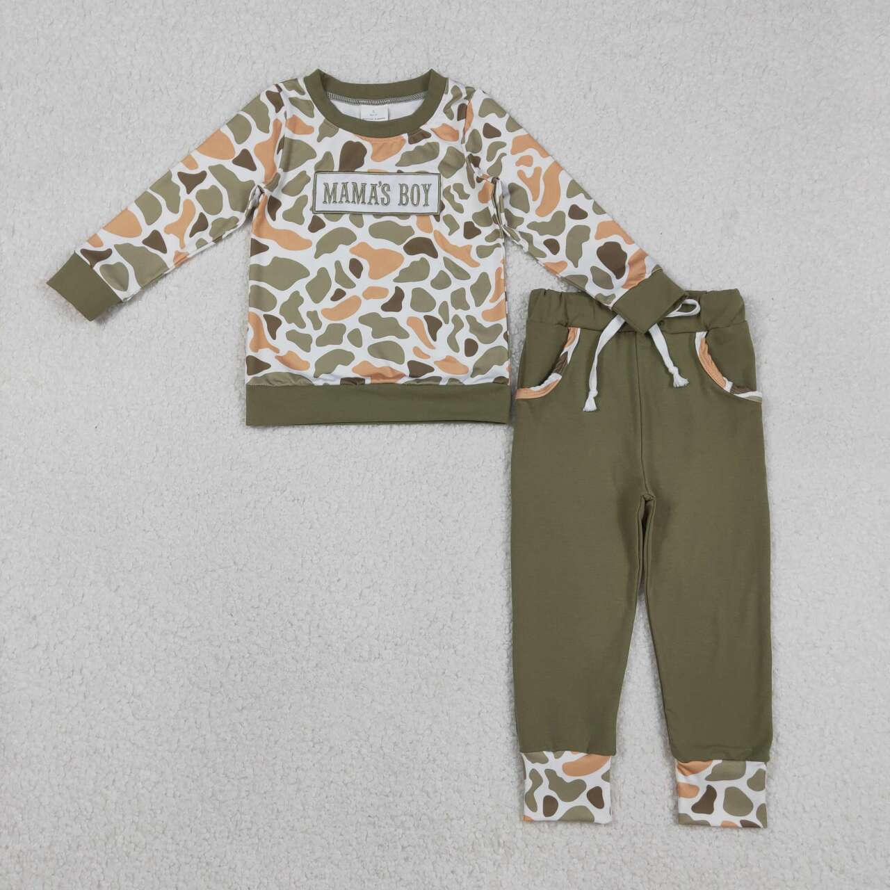embroidery mamas boy orange green camo top matching pants outfit