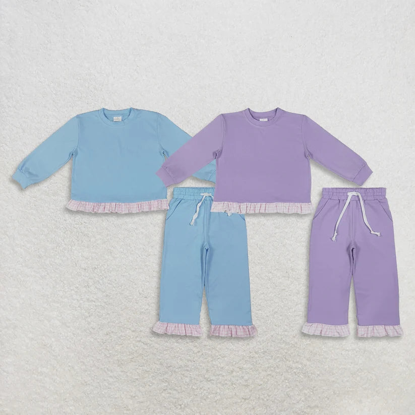 Blue color long sleeve pullover top matching pants fall winter girls outfit