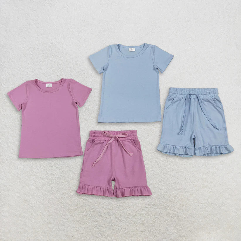 Blue short sleeve top matching shorts girls summer outfit