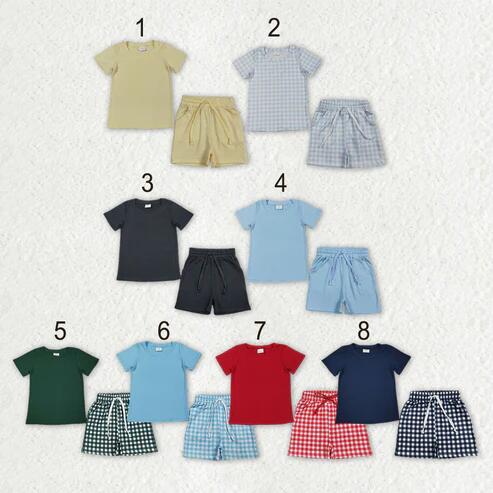 Navy top matching plaid shorts boy summer outfit