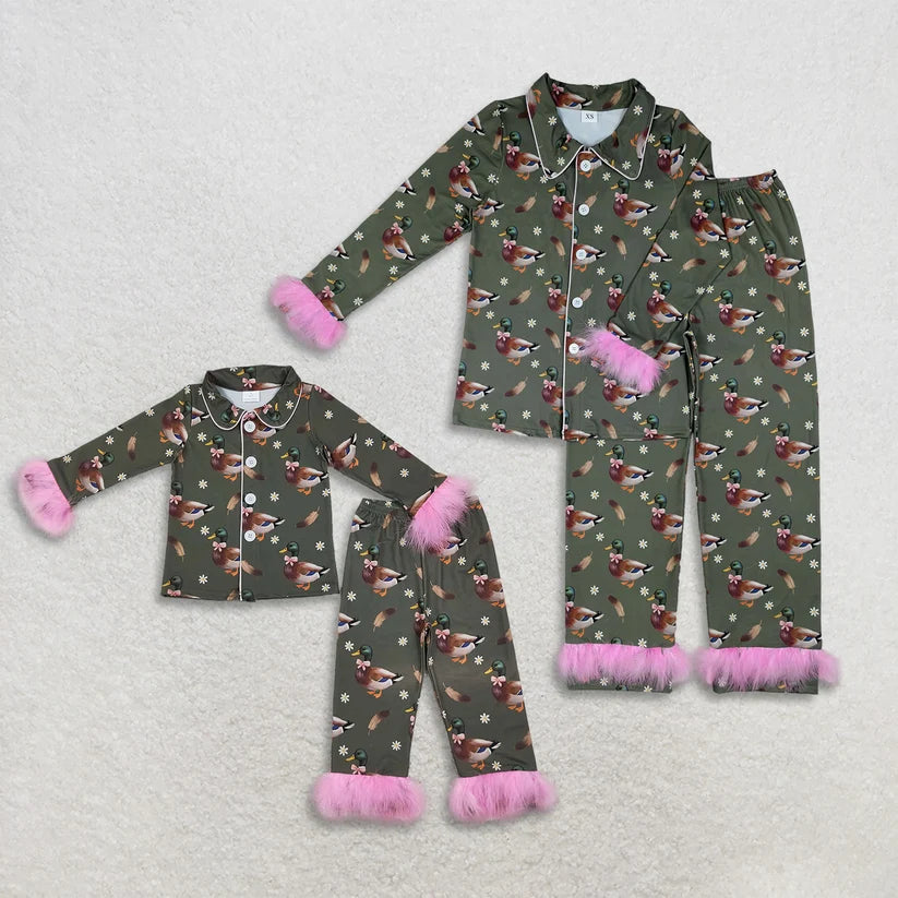 mommy and me wholesale price duck floral print long sleeve matching pajama set