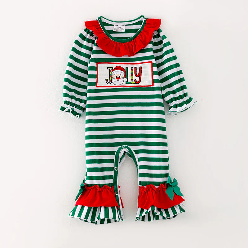 Newborn baby girls Christmas Santa Cluas green stripes romper