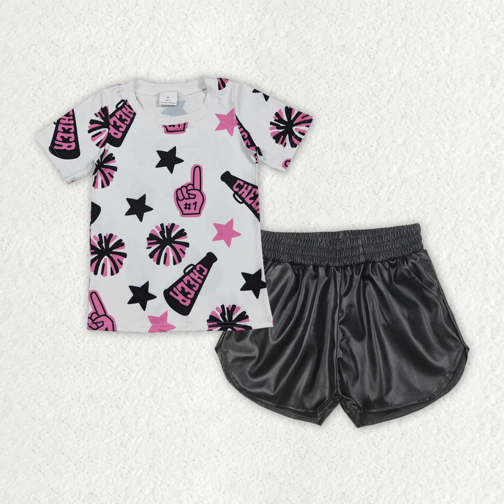 Girls pink cheer shirt black pu shorts girl summer outfit