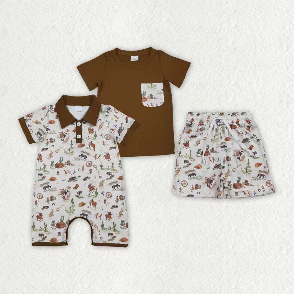 Western cowboy pocket top matching shorts boys summer outfit