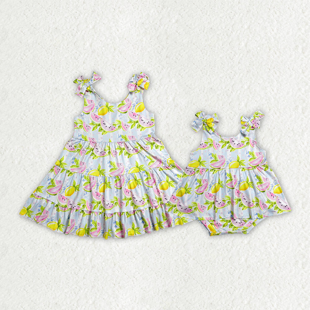 Watermelon print girls summer dress romper best sister wholesale kids clothes