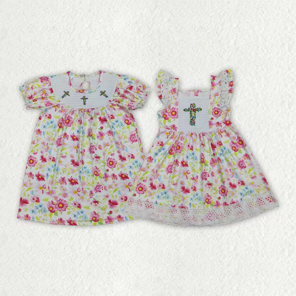 Easter cross girls floral smocked dress