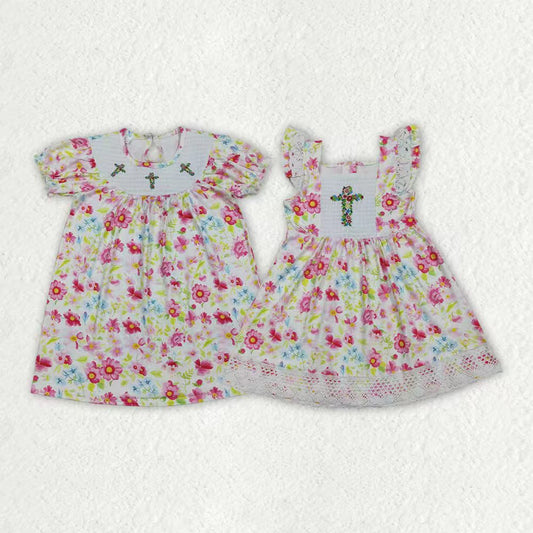 Easter cross girls floral smocked dress