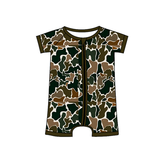 toddle kids baby green brown camo short sleeve zip romper