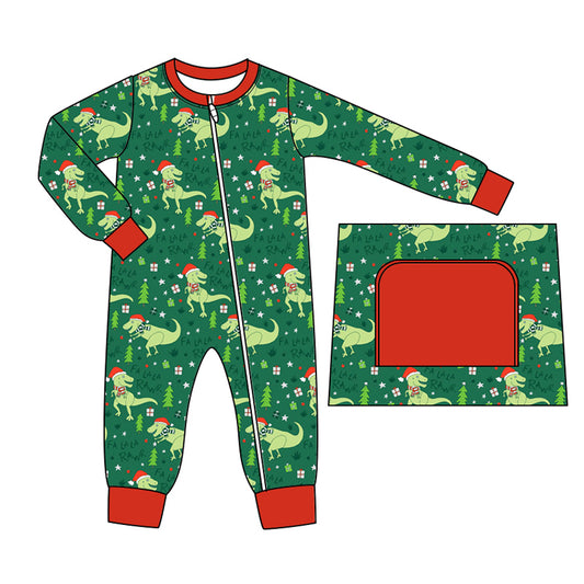 Toddle Boys Christmas dinosaur zip bamboo romper