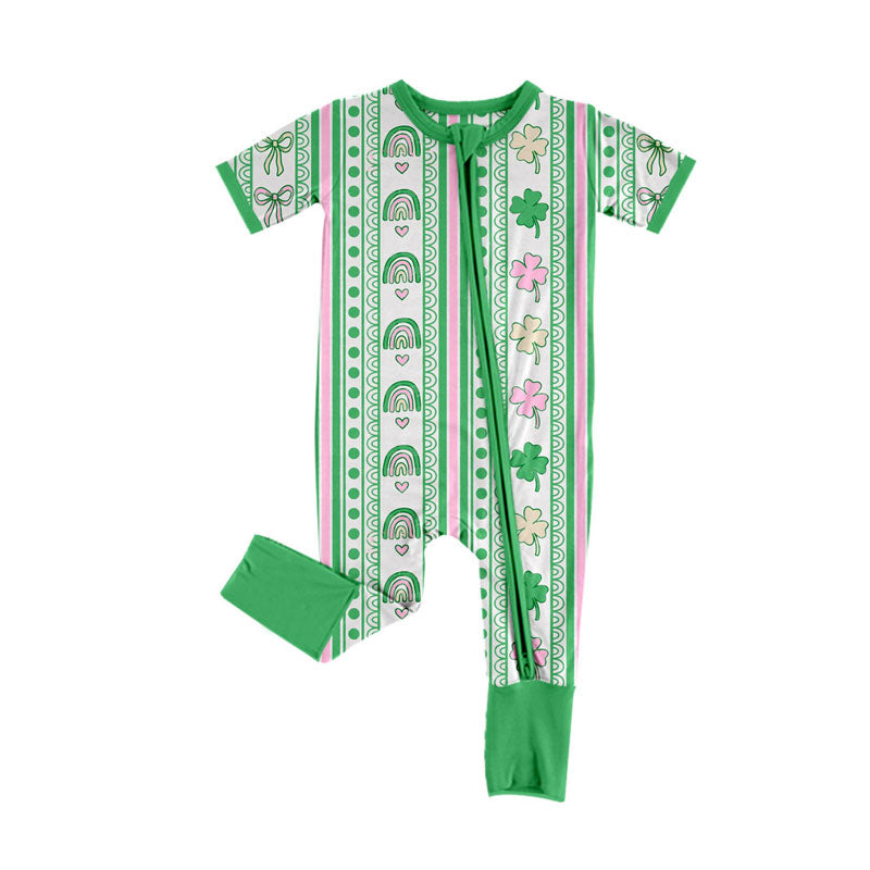 toddle baby Saint Patrick's Day bows short sleeve zip romper wholesale factory price