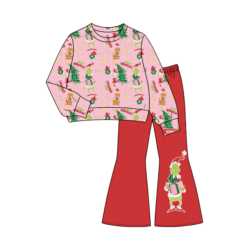 Toddle kids girl Christmas green face custom design long sleeve outfit