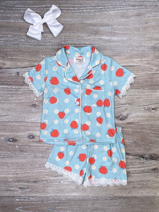 infant toddle girls strawbeery short sleeve button down pajama set