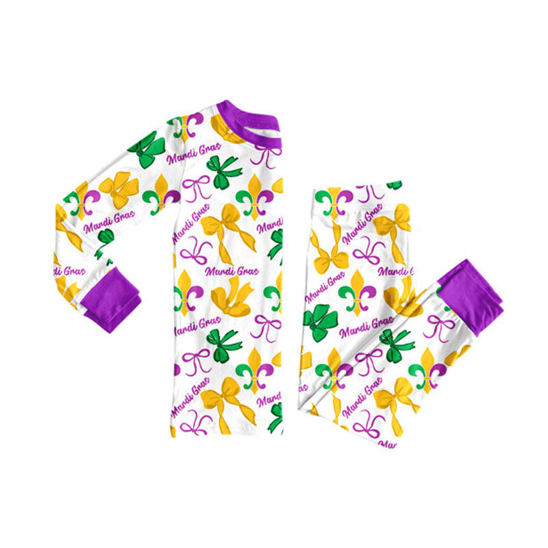 Mardi Gras bow kids long sleeve pajama set wholesal factory price