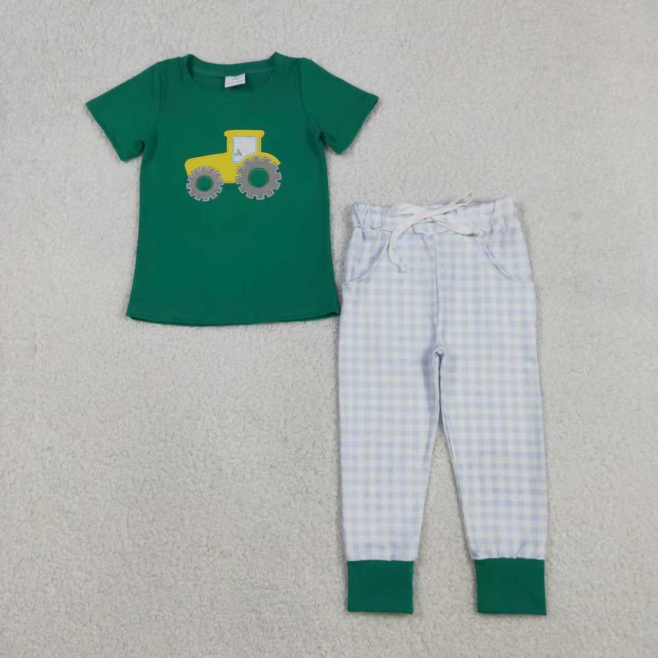 Embroidery Tractor top matching pants baby boy outfit