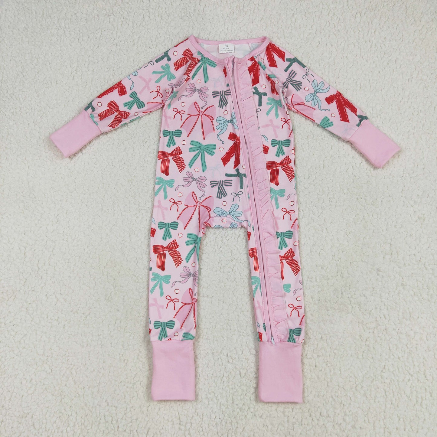 Christmas red green bow girls long sleeve matching outfit