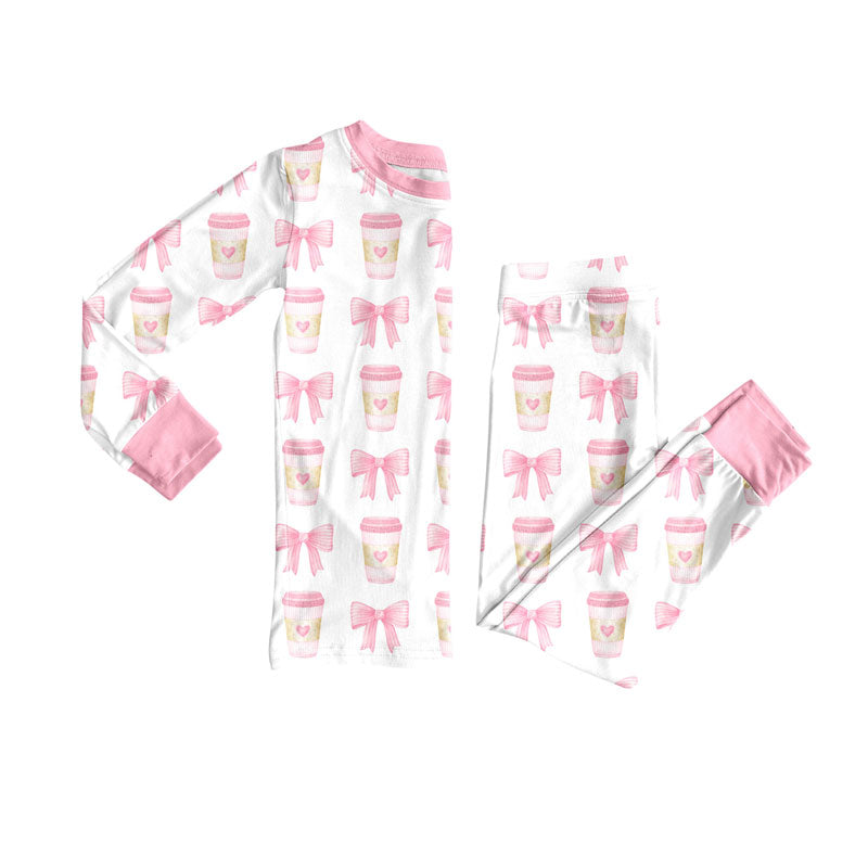 Pink bow design kids long sleeve pajama set wholesal factory price
