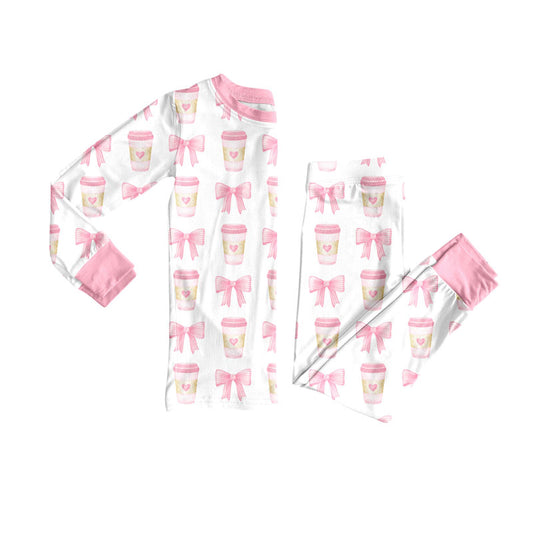 Pink bow design kids long sleeve pajama set wholesal factory price