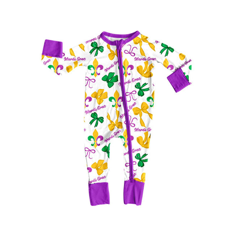 toddle baby long sleeve Mardi Gras bow romper wholesale factory price