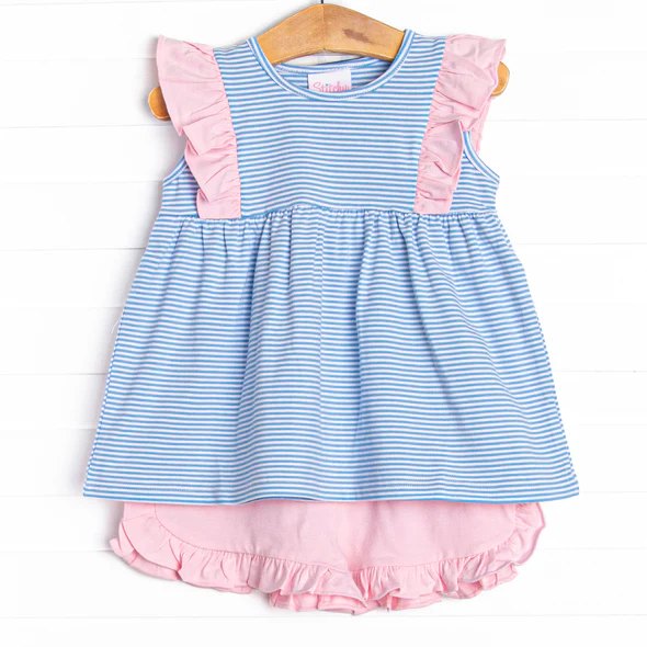 blue stripes top pink ruffle shorts girls wholesale summer clothes