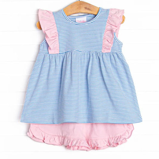 blue stripes top pink ruffle shorts girls wholesale summer clothes