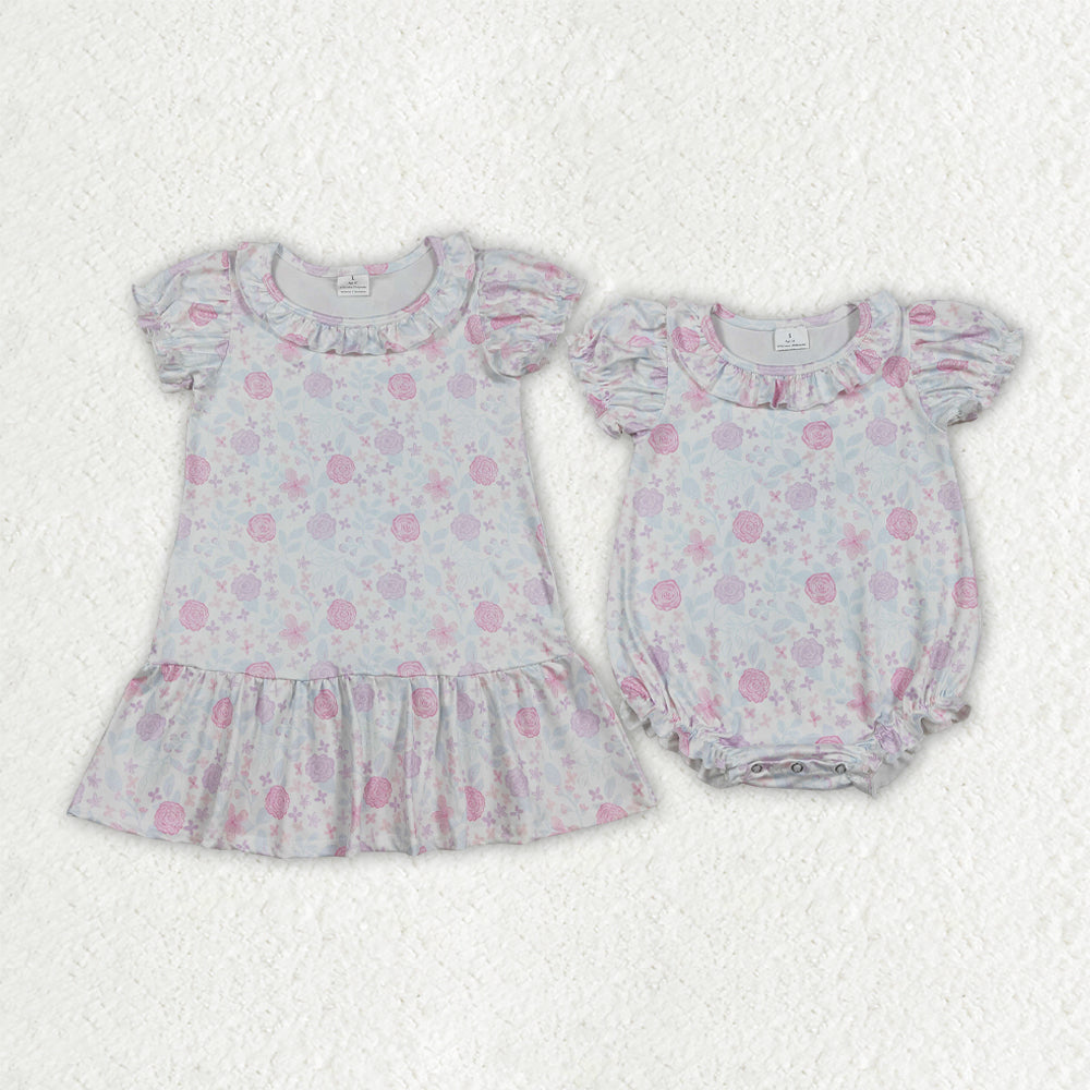 best sister pink flowers design summer dress matching romper kids clothes