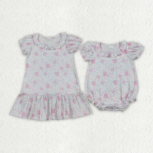 best sister pink flowers design summer dress matching romper kids clothes