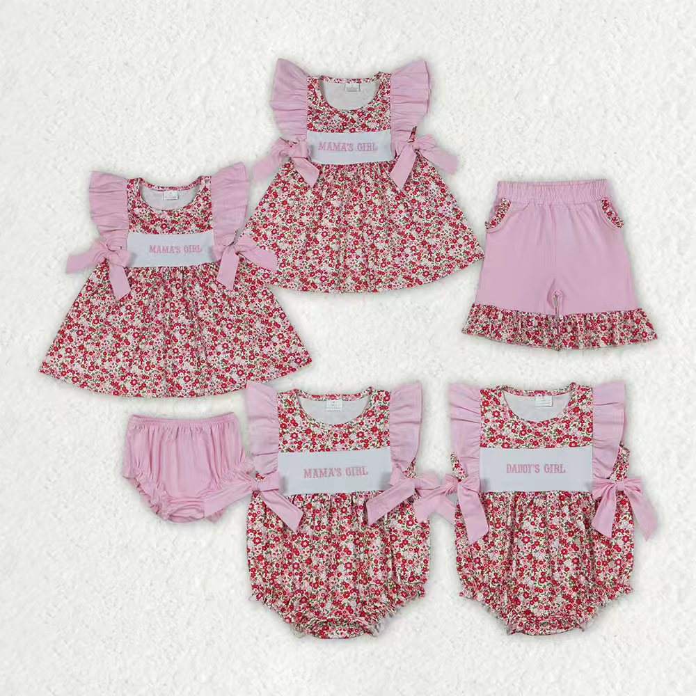 Embroidery Mamas girl flowers top matching shorts girls summer outfit