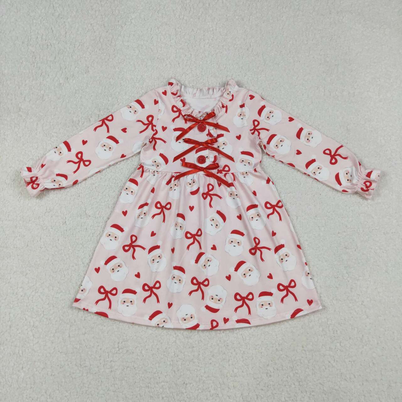 Christmas santa claus red bow girls long sleeve dress
