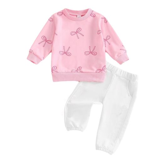 Pink bow long sleeve top matching pants spring fall wholesale boutique clothes