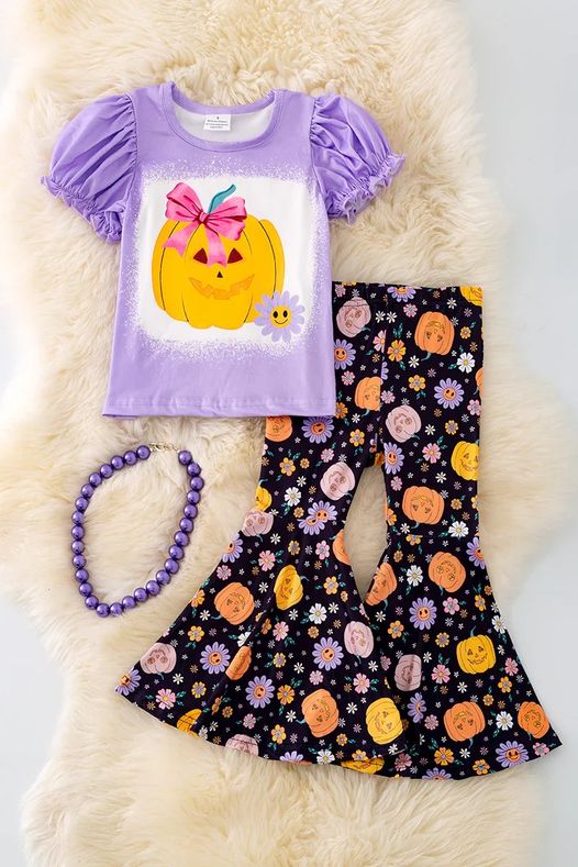 Halloween pumpkin top floral bell bottoms clothes