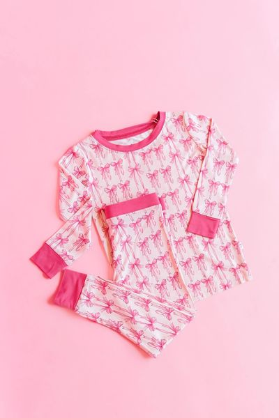 kids girls long sleeve pink bow print pajama set preorder