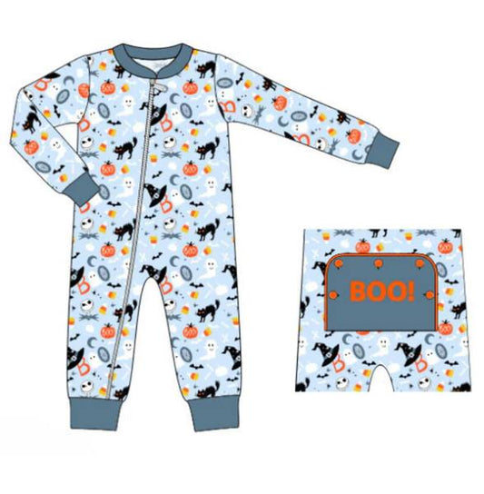 Halloween cat pumpkin ghost long sleeve zip  romper