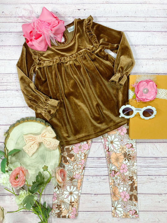 Golden velvet long sleeve tunic top floral leggings matching boutique clothing set