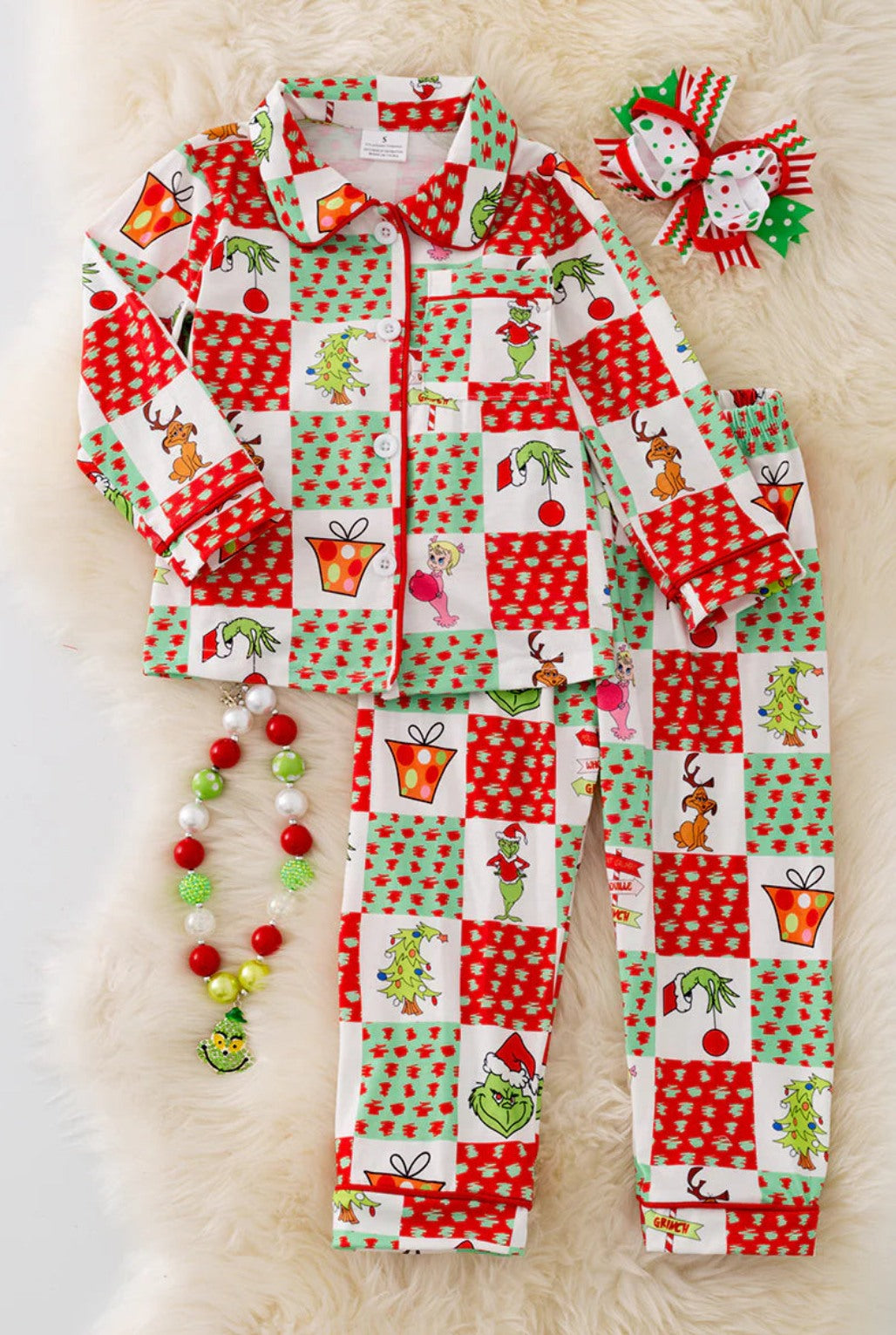 baby boy Christmas green face button down pajama set