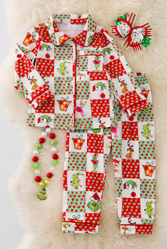 baby boy Christmas green face button down pajama set