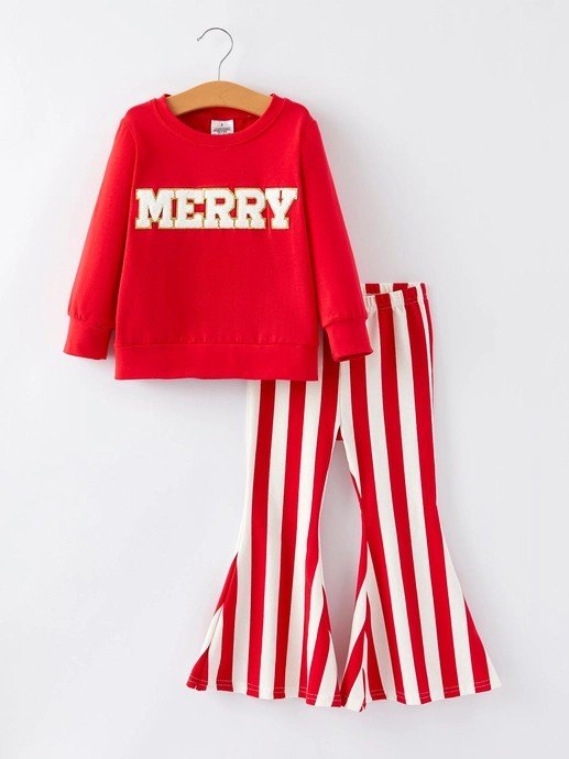 Toddle baby girls Merry Christmas Top Red Stripes Bell Bottoms Clothing