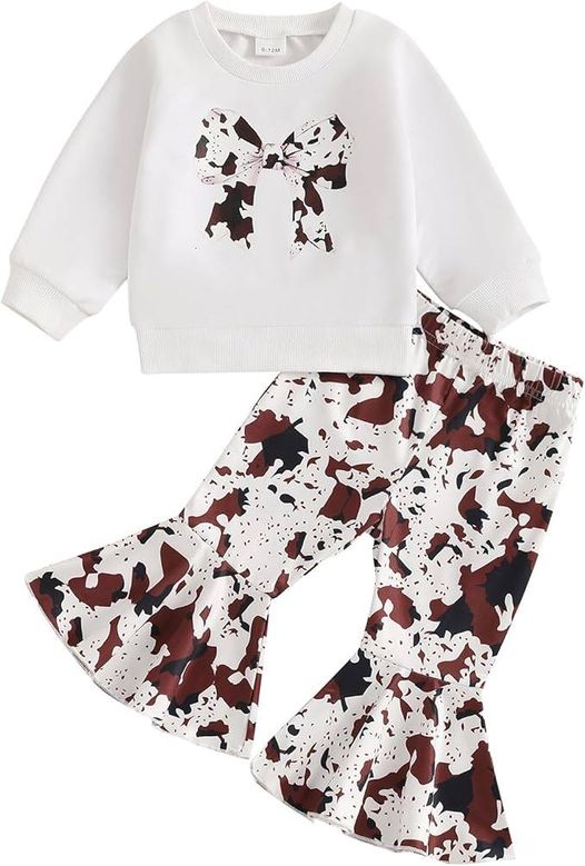 Cowhide bow long sleeve top matching bell bottoms girls set