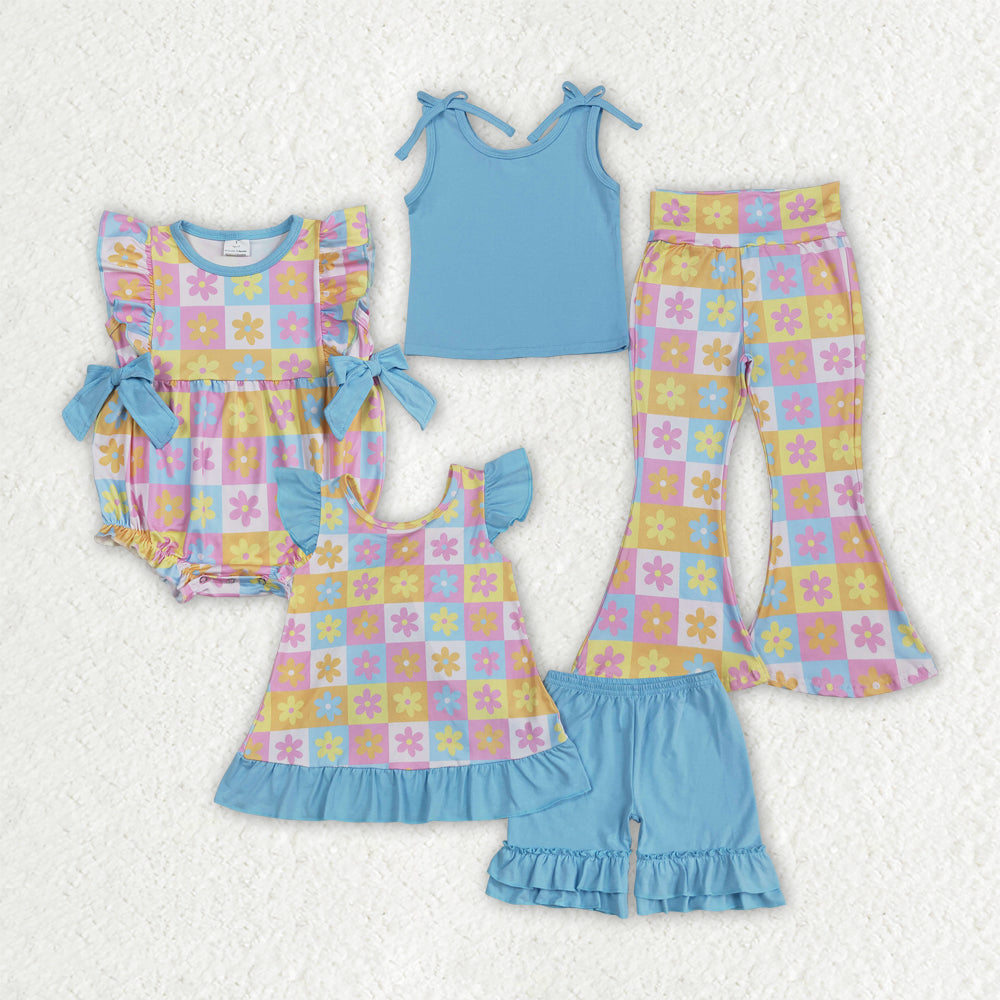 Blue shirt matching flowers bell bottoms outfit