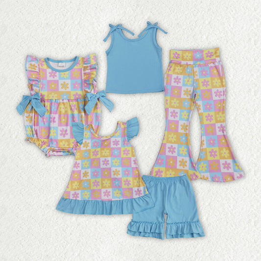 Blue shirt matching flowers bell bottoms outfit