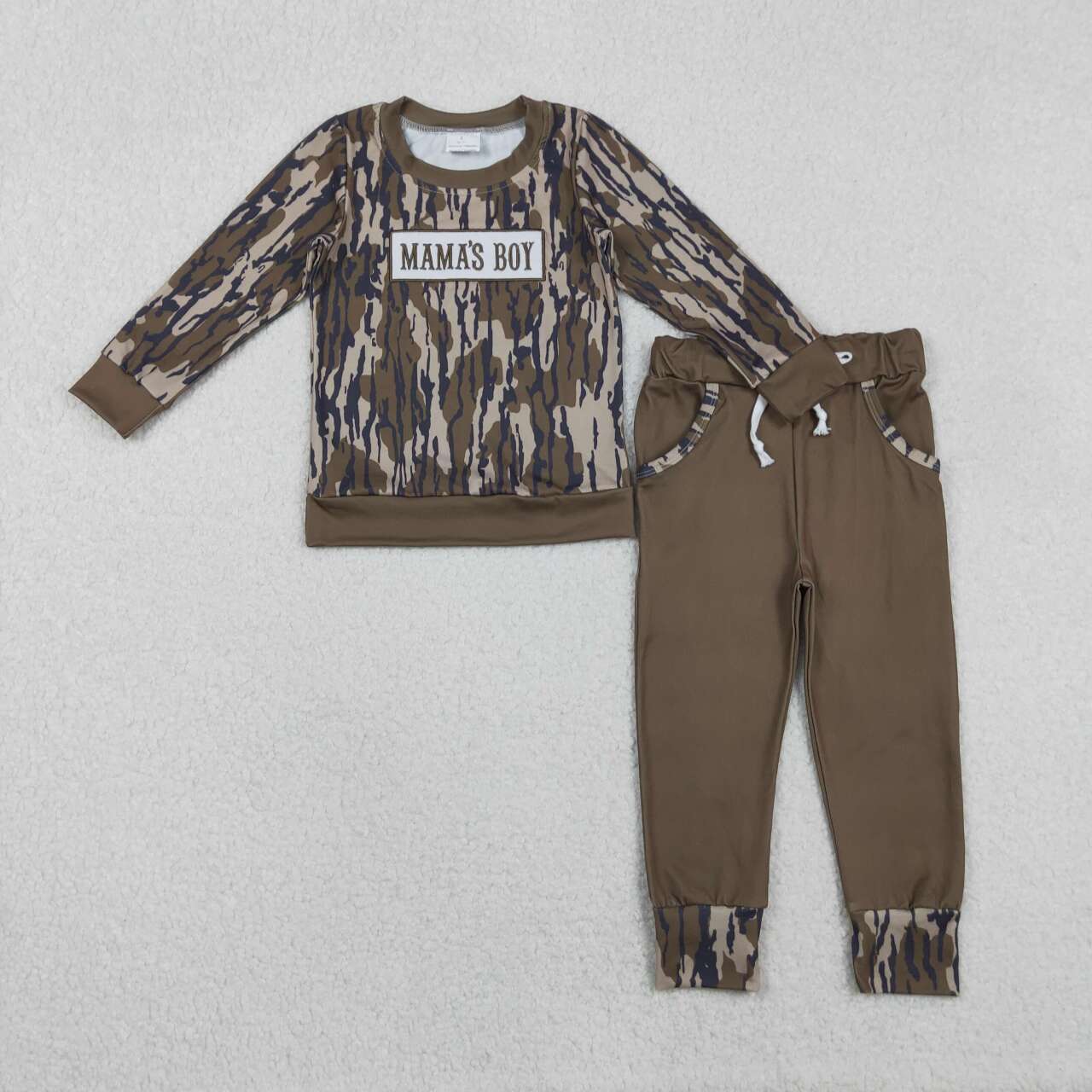 Embroidery mamas boy camo top matching pants outfit