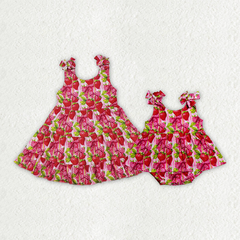 Strawberry print girls summer dress romper best sister wholesale kids clothes