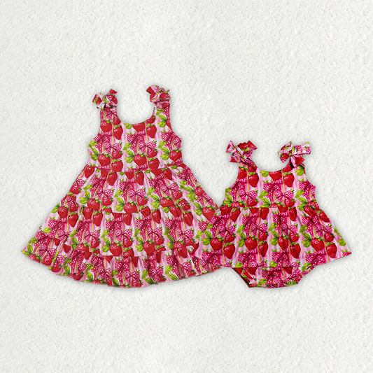 Strawberry print girls summer dress romper best sister wholesale kids clothes