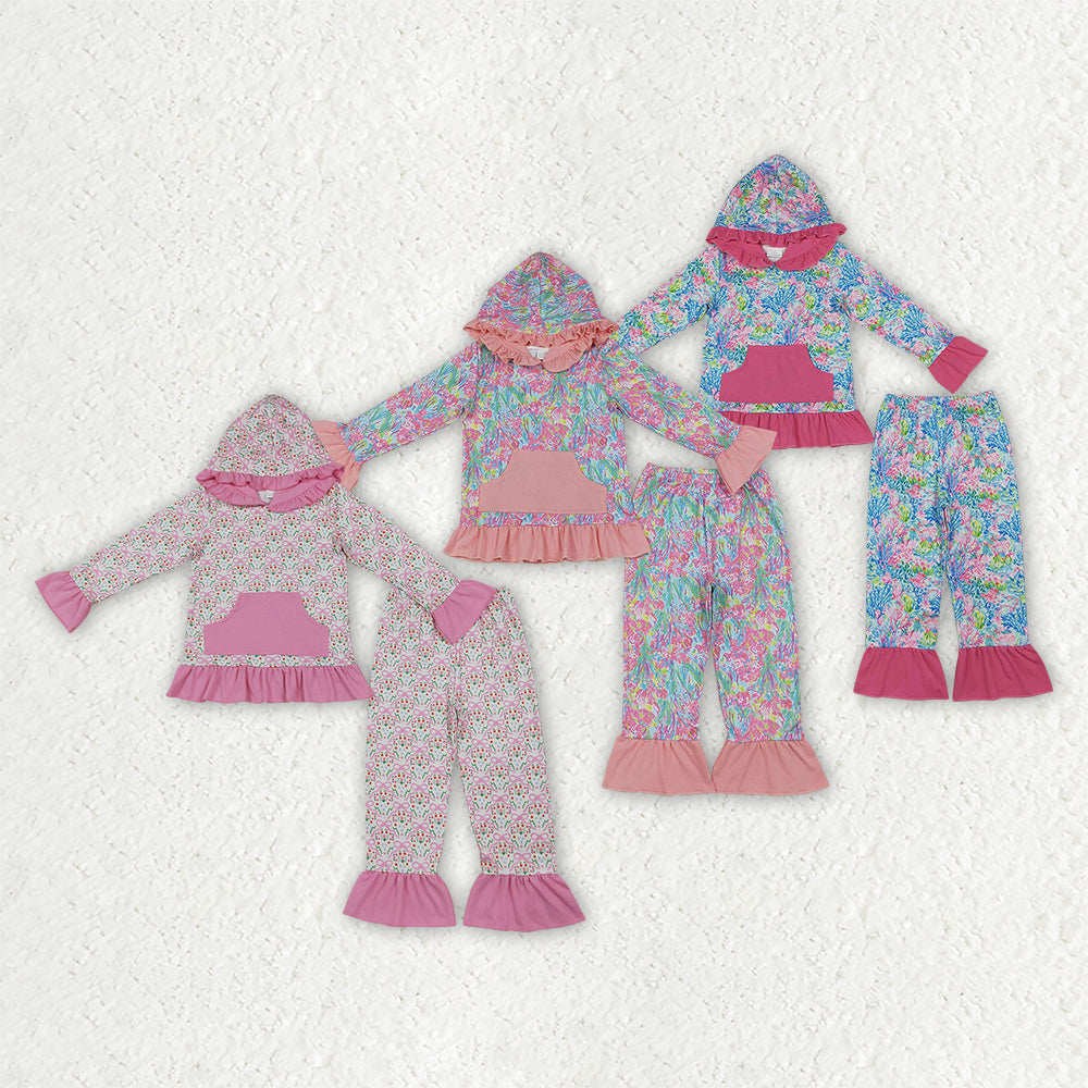 Coral print long sleeve top matching pants girls set outfit