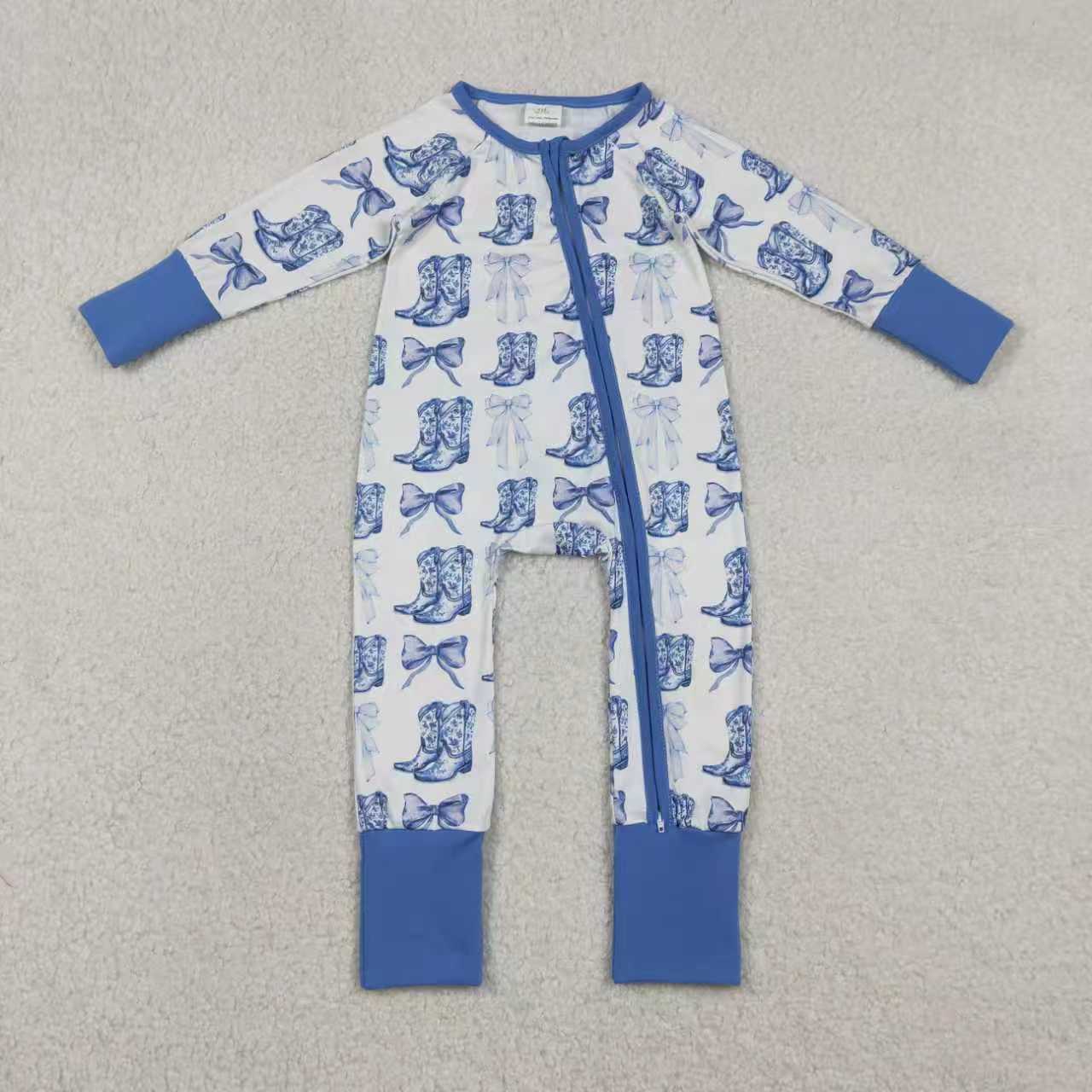 blue bow boots girls long sleeve pajama set
