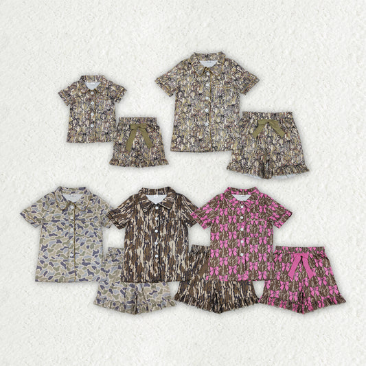 Adult women green camo dog design short sleeve pajama set