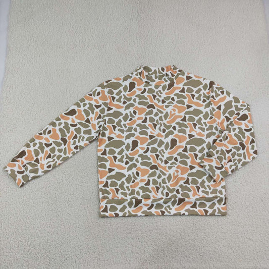 Adult women green orange camo long sleeve yoga pullover top
